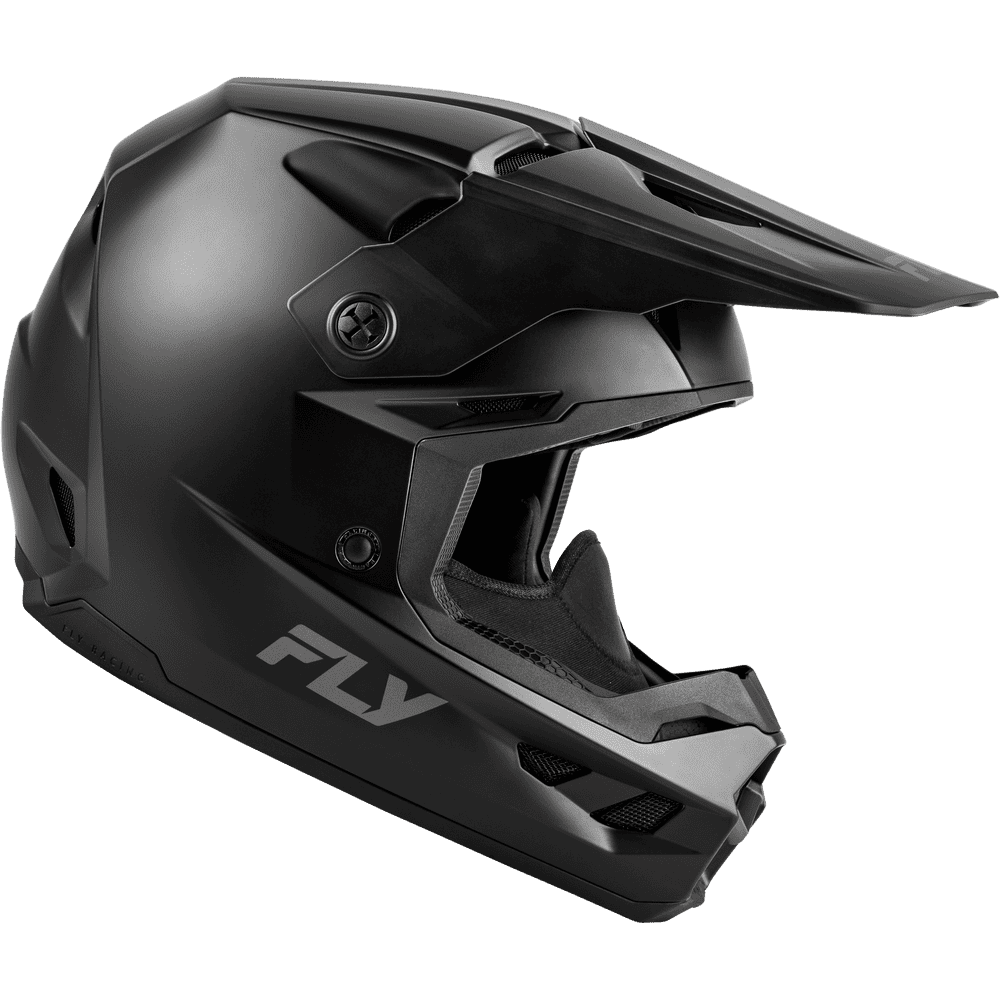 A matte black full-face motocross helmet with a matching visor, featuring the FLY brand logo on the side, shown against a solid white background.