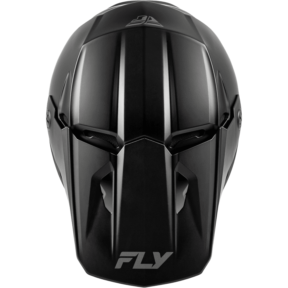 Top view of a matte black motocross helmet with a stylized visor design and the FLY logo on the lower front, shown against a plain white background.