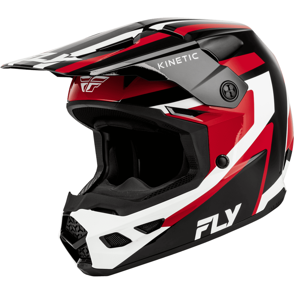 A Fly Racing full-face motocross helmet in a glossy black, red, and white color scheme, featuring a prominent visor and the 'FLY' brand logo on the lower side.