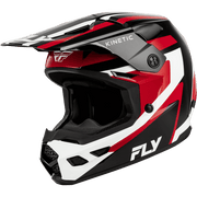 A Fly Racing full-face motocross helmet in a glossy black, red, and white color scheme, featuring a prominent visor and the 'FLY' brand logo on the lower side.