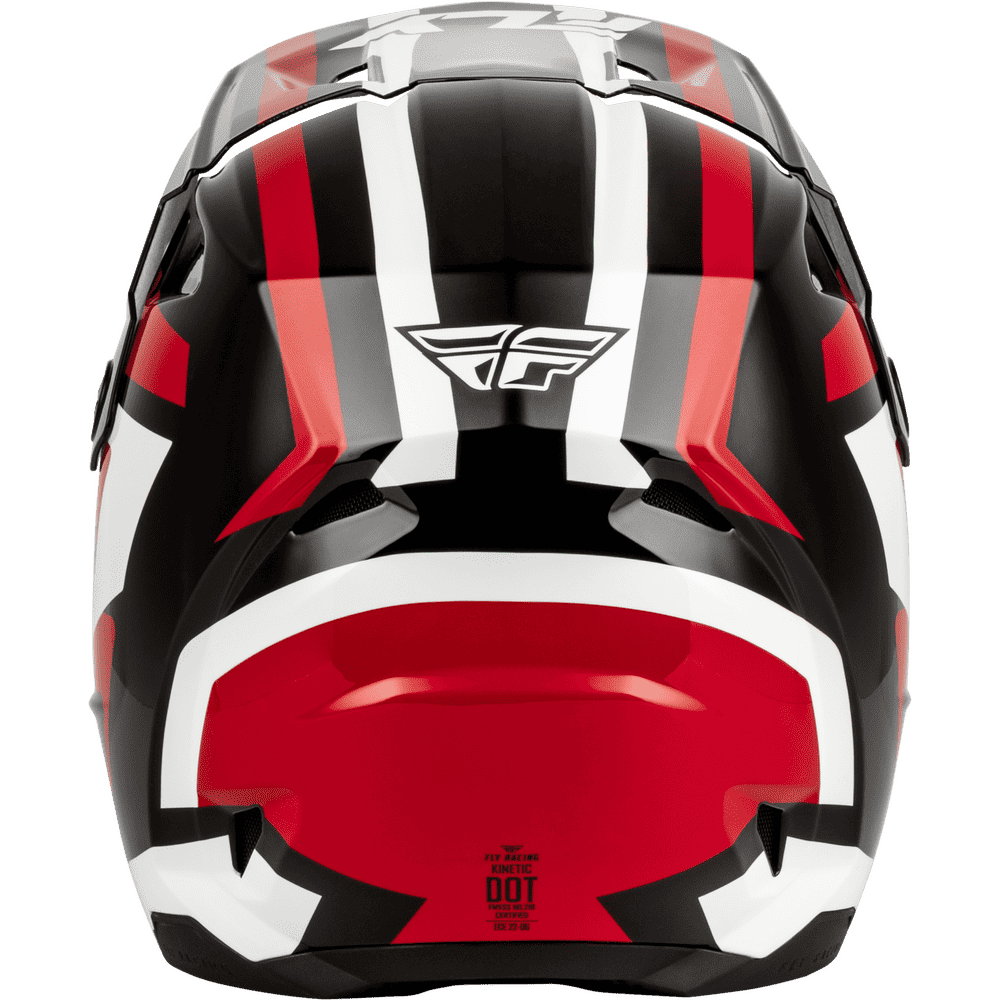 A Fly Racing full-face motocross helmet shown from the rear, featuring a glossy black shell with bold red and white graphic stripes and a red visor.