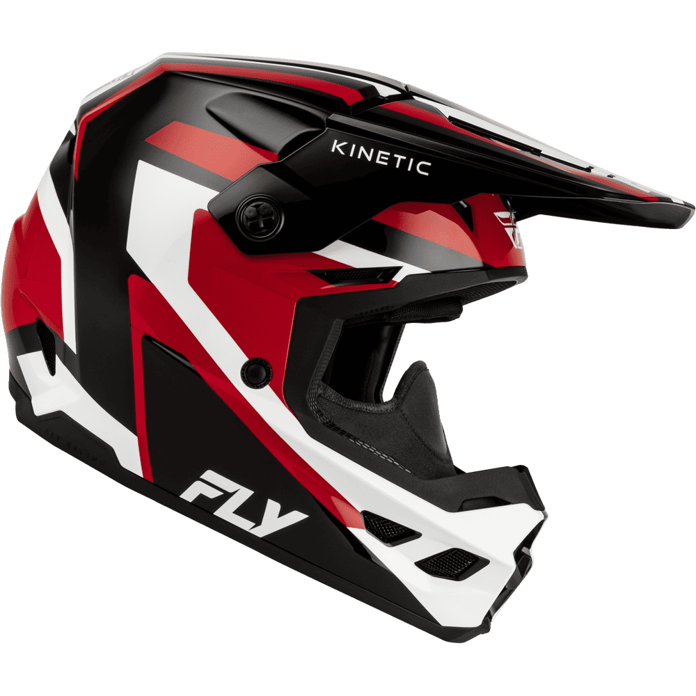 A full-face motocross helmet in a red, black, and white color scheme, featuring the 'FLY' brand logo on the lower side and 'KINETIC' on the visor, shown against a plain white background.