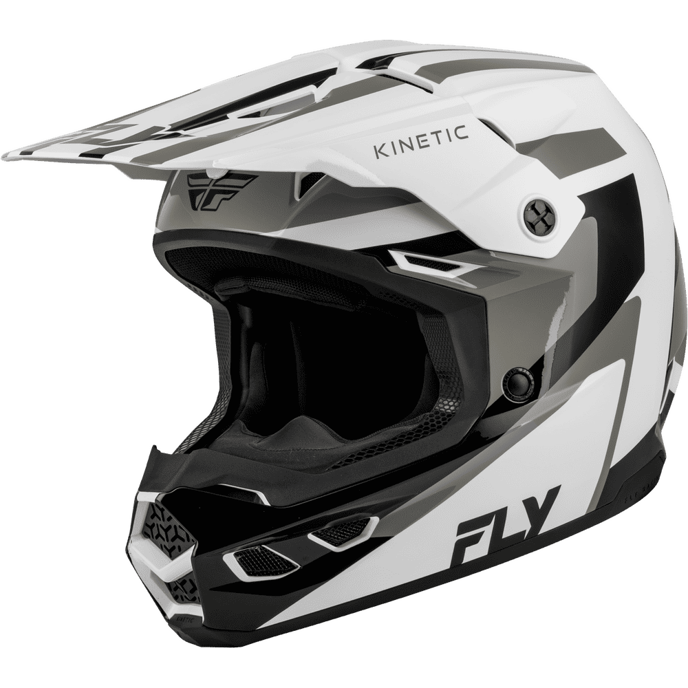 A white, black, and gray full-face motocross helmet with a matching visor, featuring the 'FLY' and 'KINETIC' brand logos, shown on a solid white background.