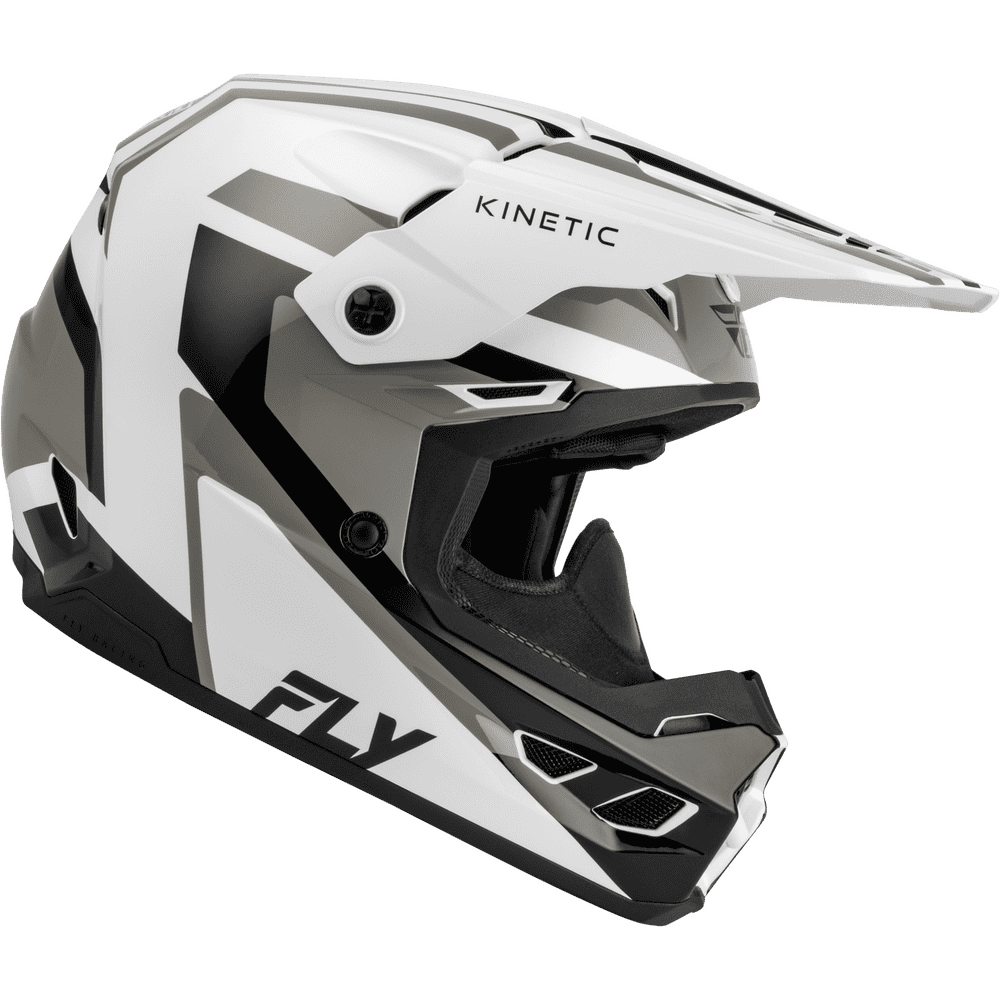 A white, black, and gray full-face motocross helmet with a matching visor, featuring the 'FLY' and 'KINETIC' brand logos, shown on a solid white background.
