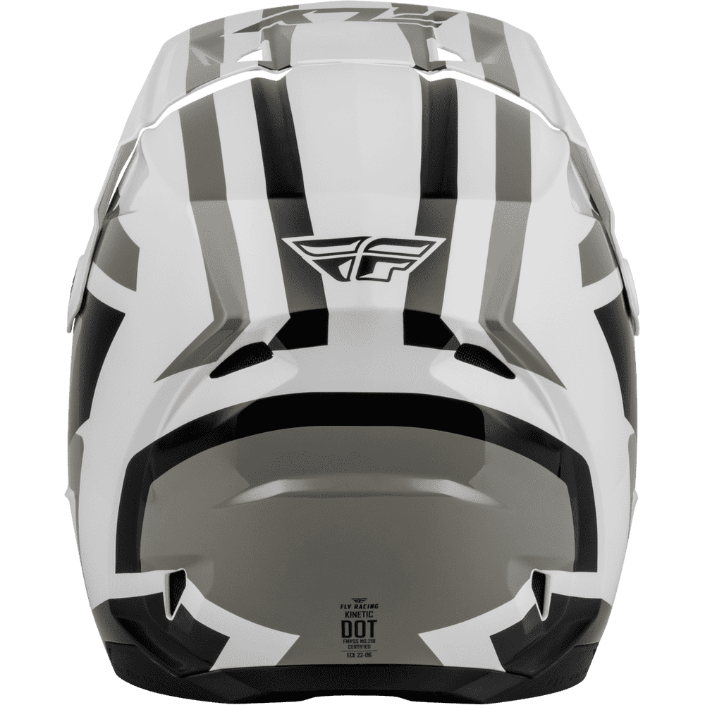 A Fly Racing full-face off-road helmet in white with black and gray graphic stripes, featuring a dark gray visor and the Fly Racing logo on the forehead.
