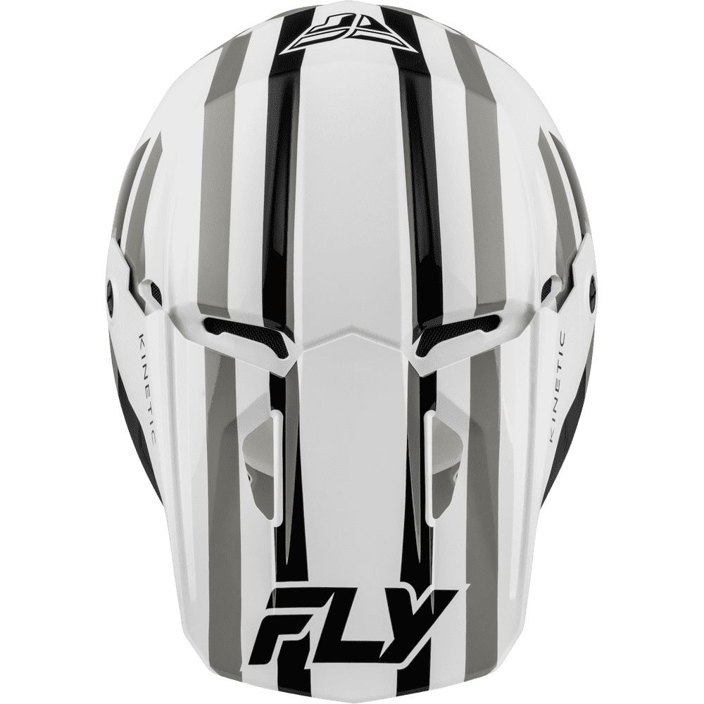 A Fly Racing motocross helmet in white with bold black and gray vertical stripes, featuring the 'FLY' logo on the lower front and a stylized 'FR' logo on the forehead.