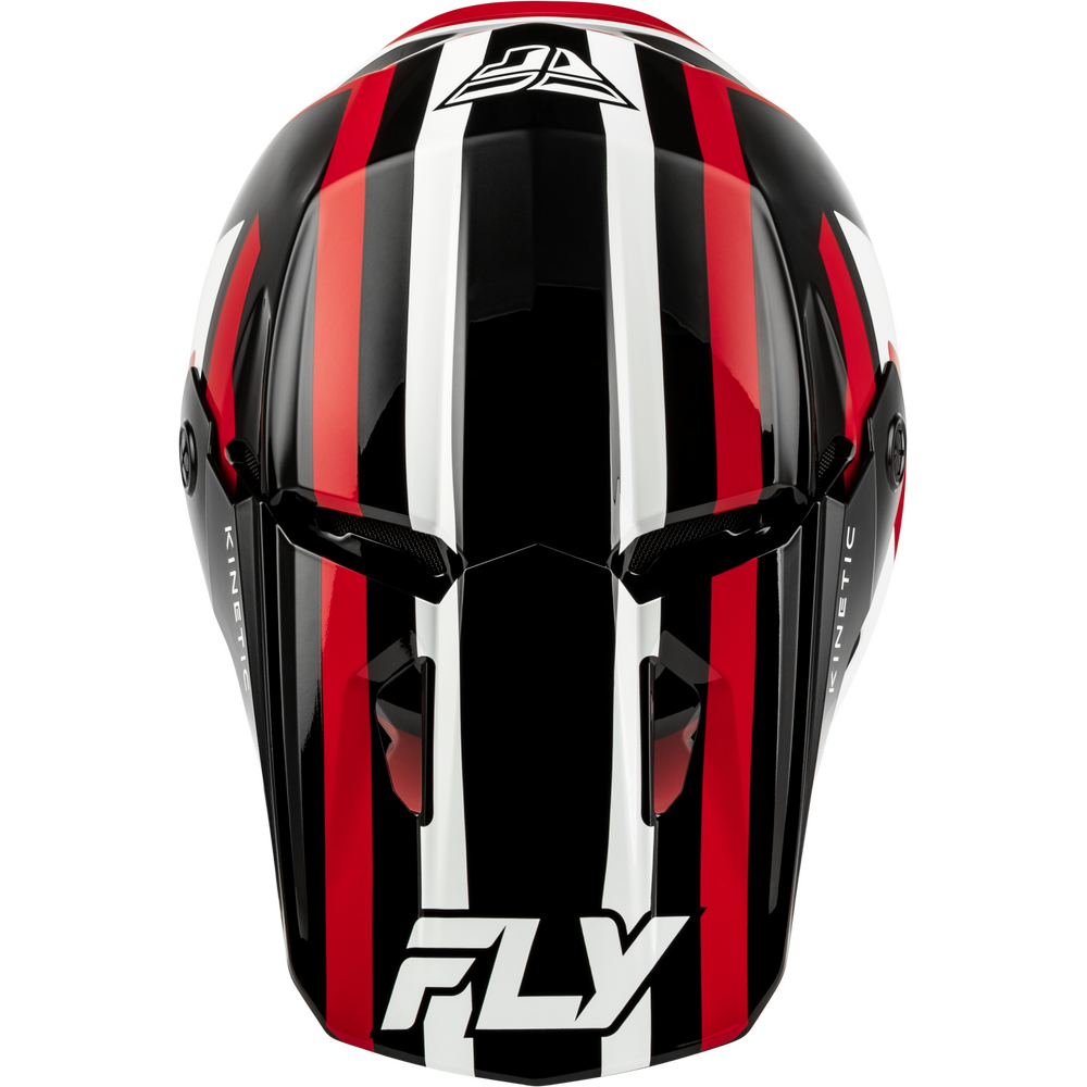 A glossy full-face motocross helmet featuring a bold black, red, and white vertical stripe pattern, with the 'FLY' brand logo in white on the lower front and a stylized 'F' logo on the top.