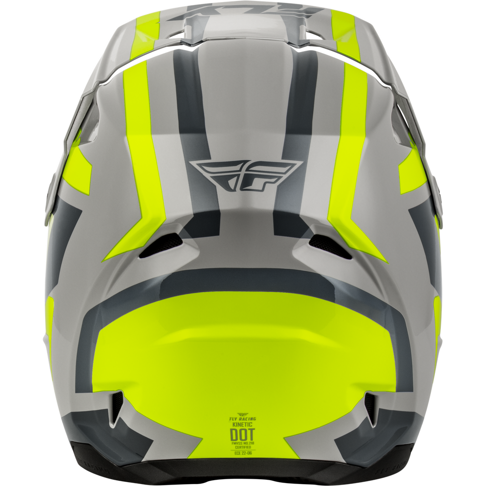 A Fly Racing full-face motocross helmet shown from the rear, featuring a metallic silver-gray shell with dark gray stripes and bright neon yellow accents, including a large visor area.