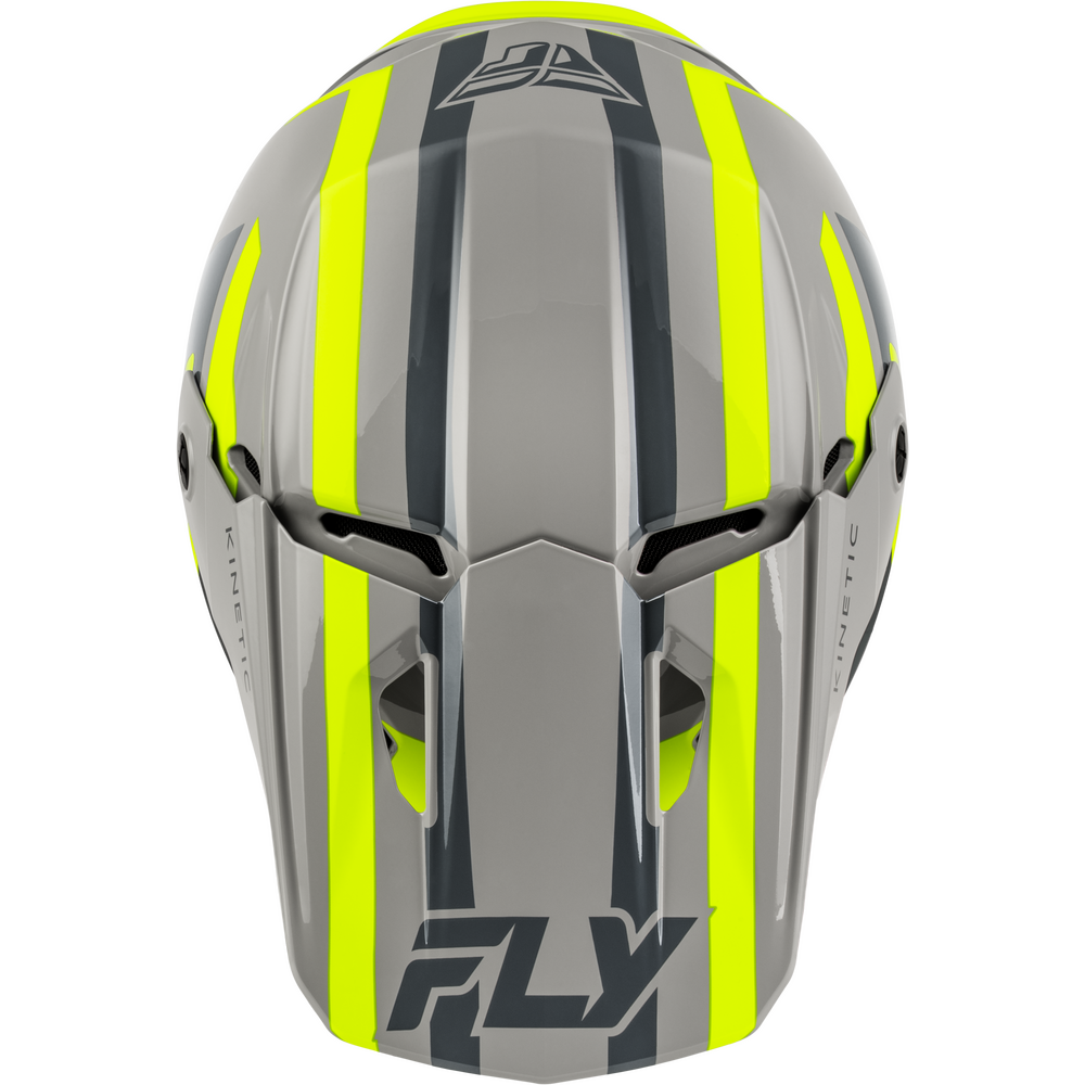 A gray full-face motocross helmet with bold neon yellow and dark gray vertical stripes, featuring the FLY logo on the front and side vents, set against a plain white background.
