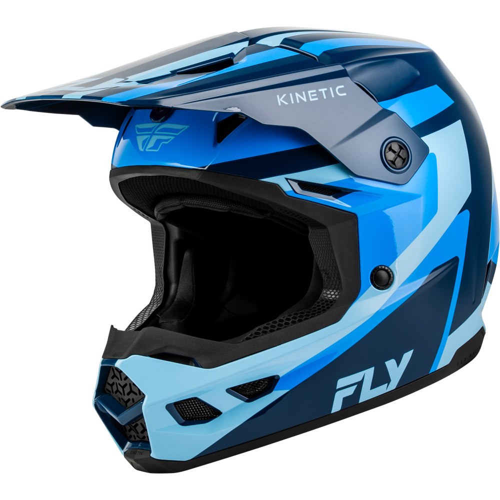 A blue and light blue full-face motocross helmet with black visor trim and interior padding, featuring the FLY and KINETIC branding on a white background.