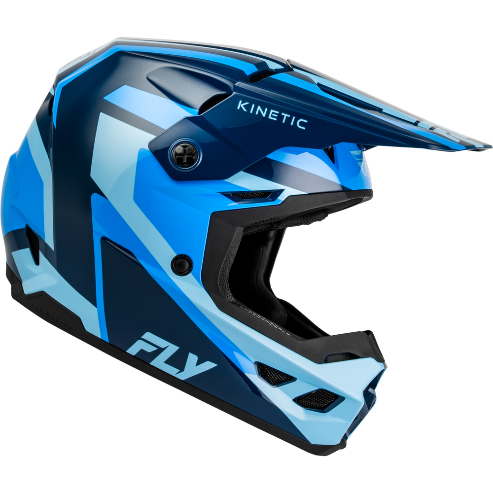 A blue and black full-face motocross helmet with a matching visor, featuring the 'FLY' and 'KINETIC' brand logos, shown on a solid white background.