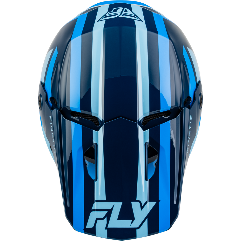 A Fly brand motocross helmet featuring a glossy dark blue and light blue vertical stripe pattern, shown from a front-facing perspective on a solid white background.