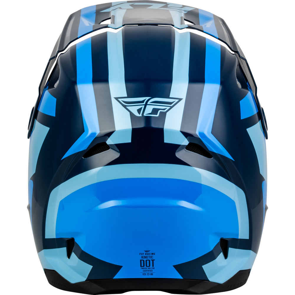 A close-up rear view of a full-face motorcycle helmet in a glossy dark blue and light blue graphic pattern, featuring a visor and a stylized wing logo on the back.