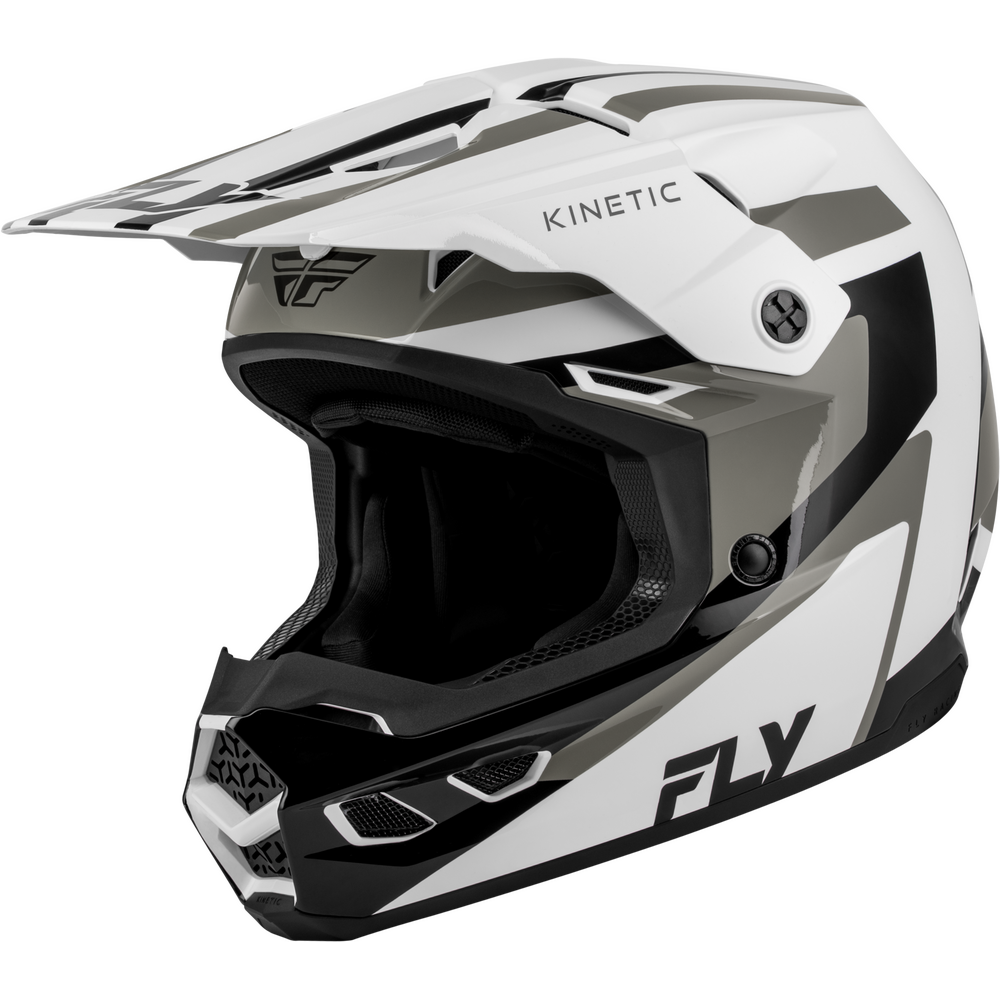 A white, black, and gray full-face motocross helmet with a matching visor, featuring the 'KINETIC' model name and 'FLY' brand logo on a clean white background.