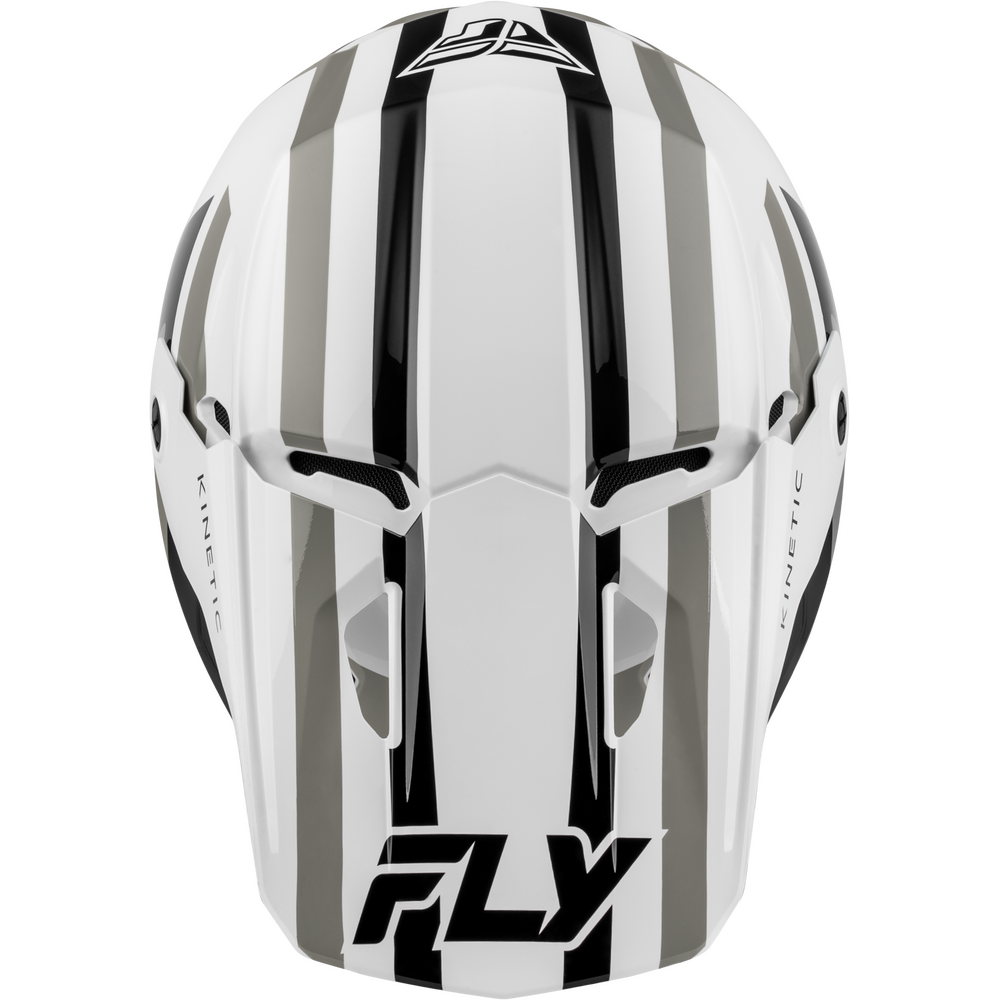 A Fly Racing full-face motocross helmet in white with bold black and gray vertical stripes, featuring the 'FLY' logo on the lower front and a stylized 'FR' logo on the forehead.