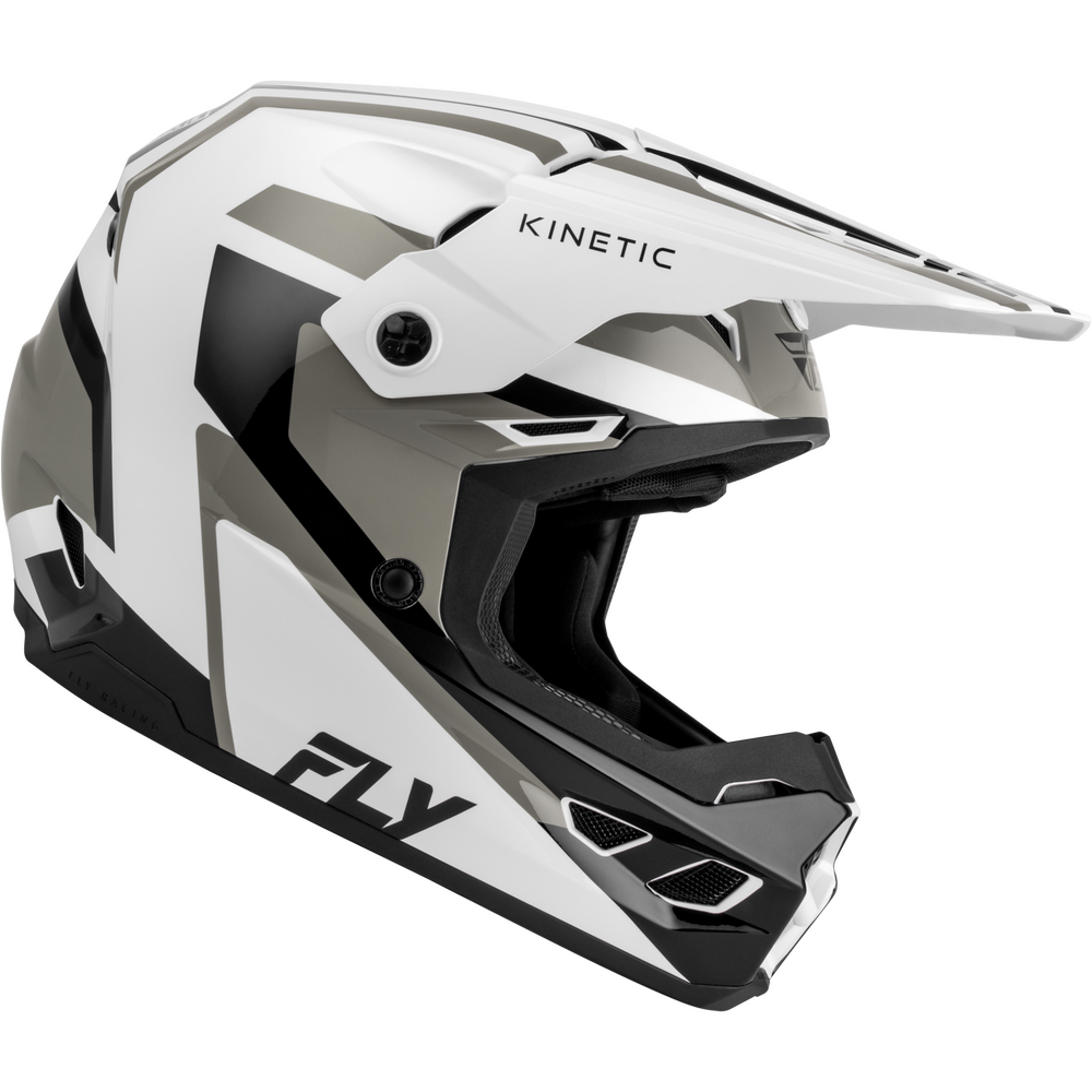 A white, black, and gray full-face motocross helmet with a matching visor, featuring the 'FLY' and 'KINETIC' brand logos, shown on a solid white background.