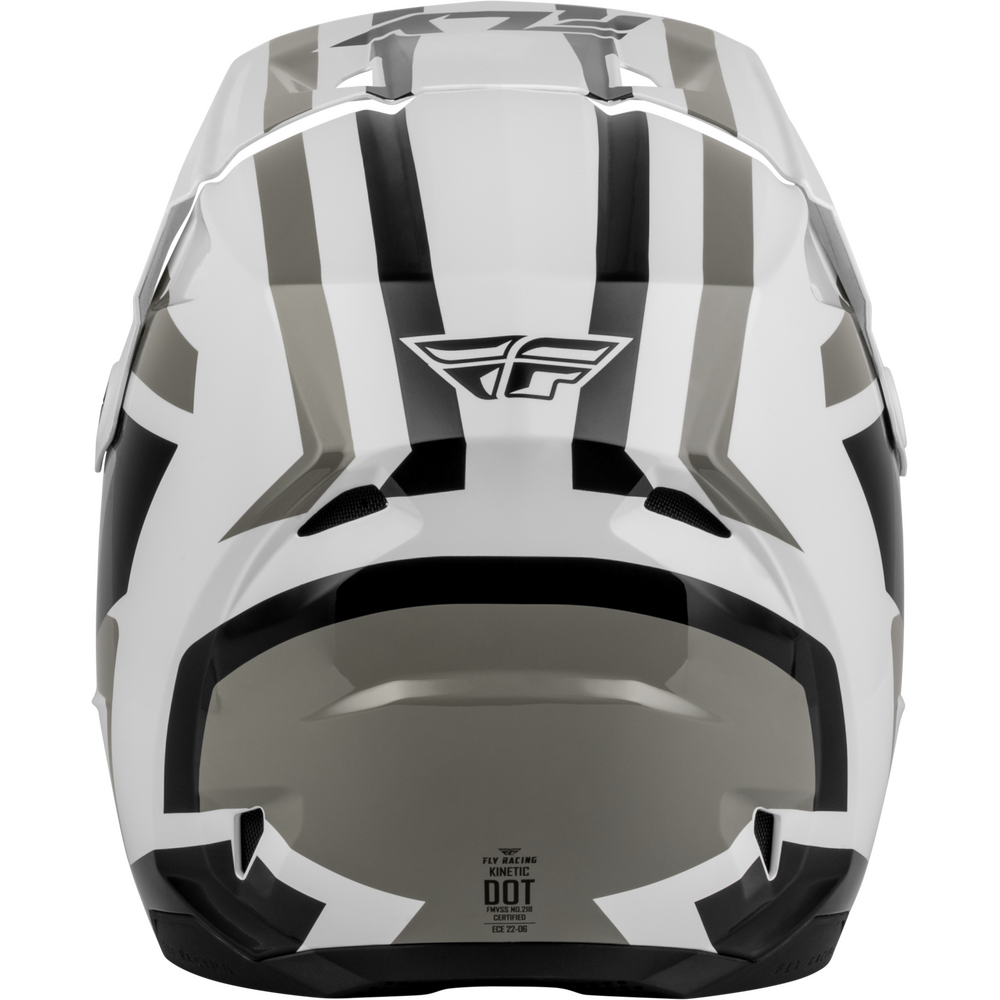 A Fly Racing full-face off-road helmet in white with black and gray graphic stripes, featuring a dark gray visor and the Fly Racing logo on the forehead.