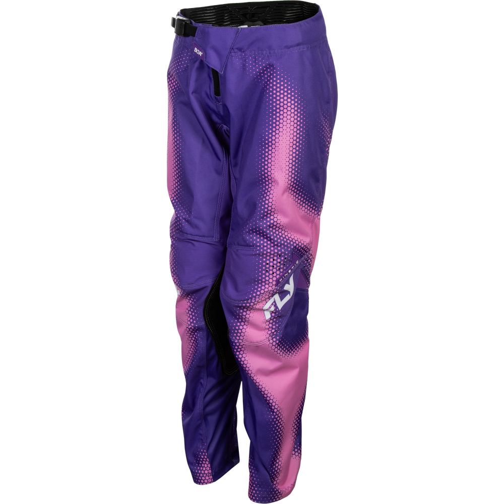 Purple and pink motocross pants with a halftone gradient pattern and a white Fly Racing logo on the lower left leg, shown against a plain white background.