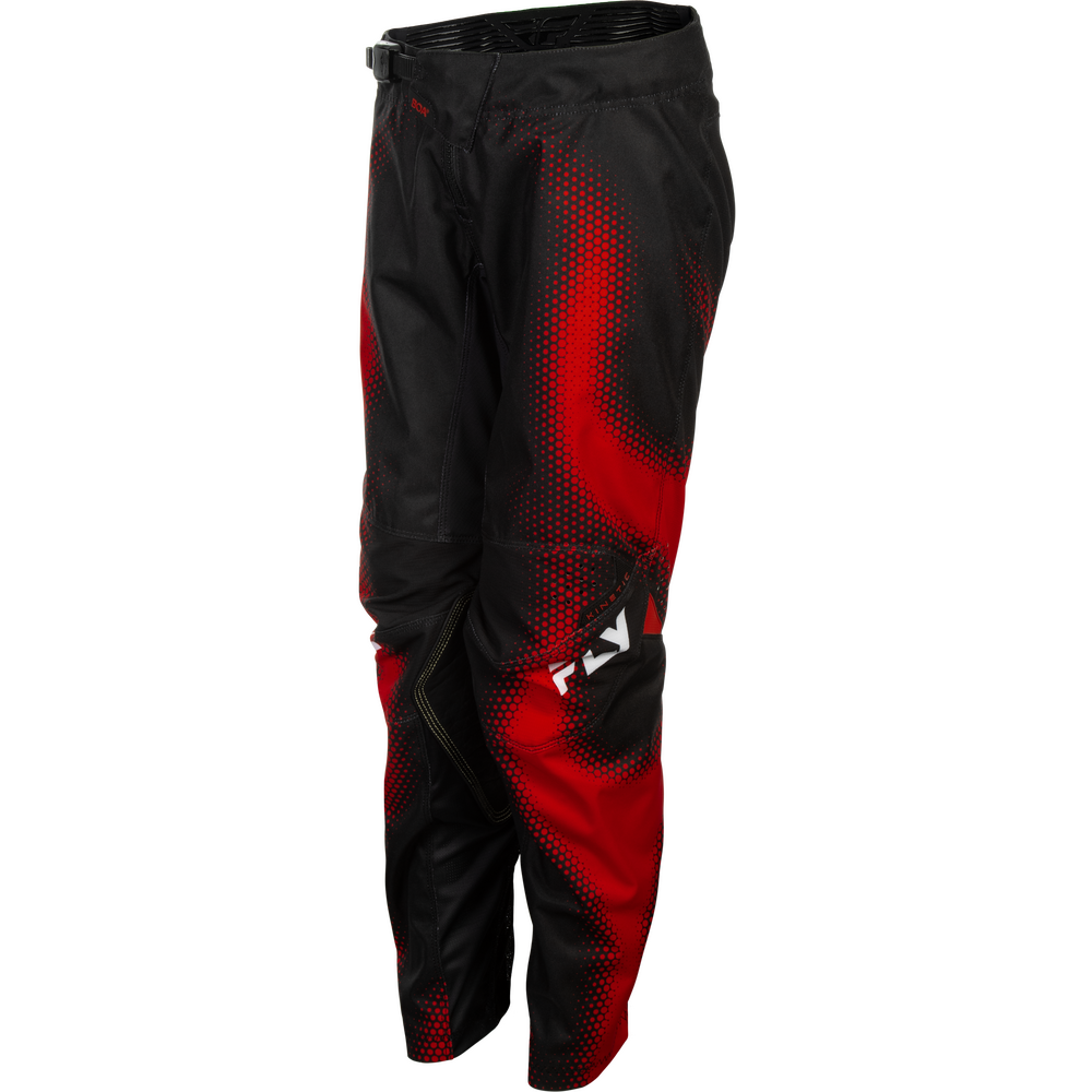 Black and red motocross pants with a red halftone gradient pattern and a white Fly logo on the lower leg, shown against a plain white background.