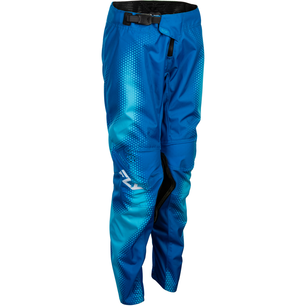 Blue motocross pants with a subtle dotted gradient pattern and a white stylized logo on the lower left leg, shown against a plain white background.