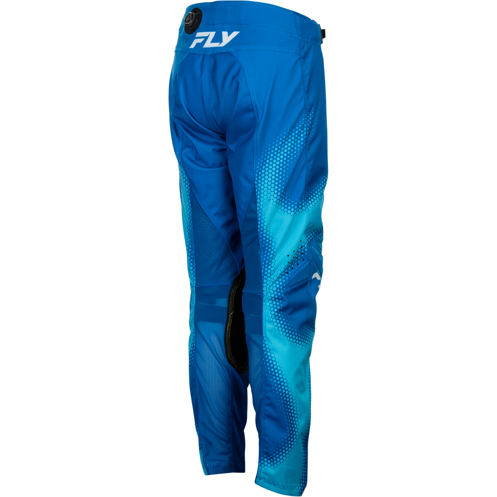 Blue motocross pants with a gradient pattern and the white FLY logo on the back waist, shown from the rear on a white background.