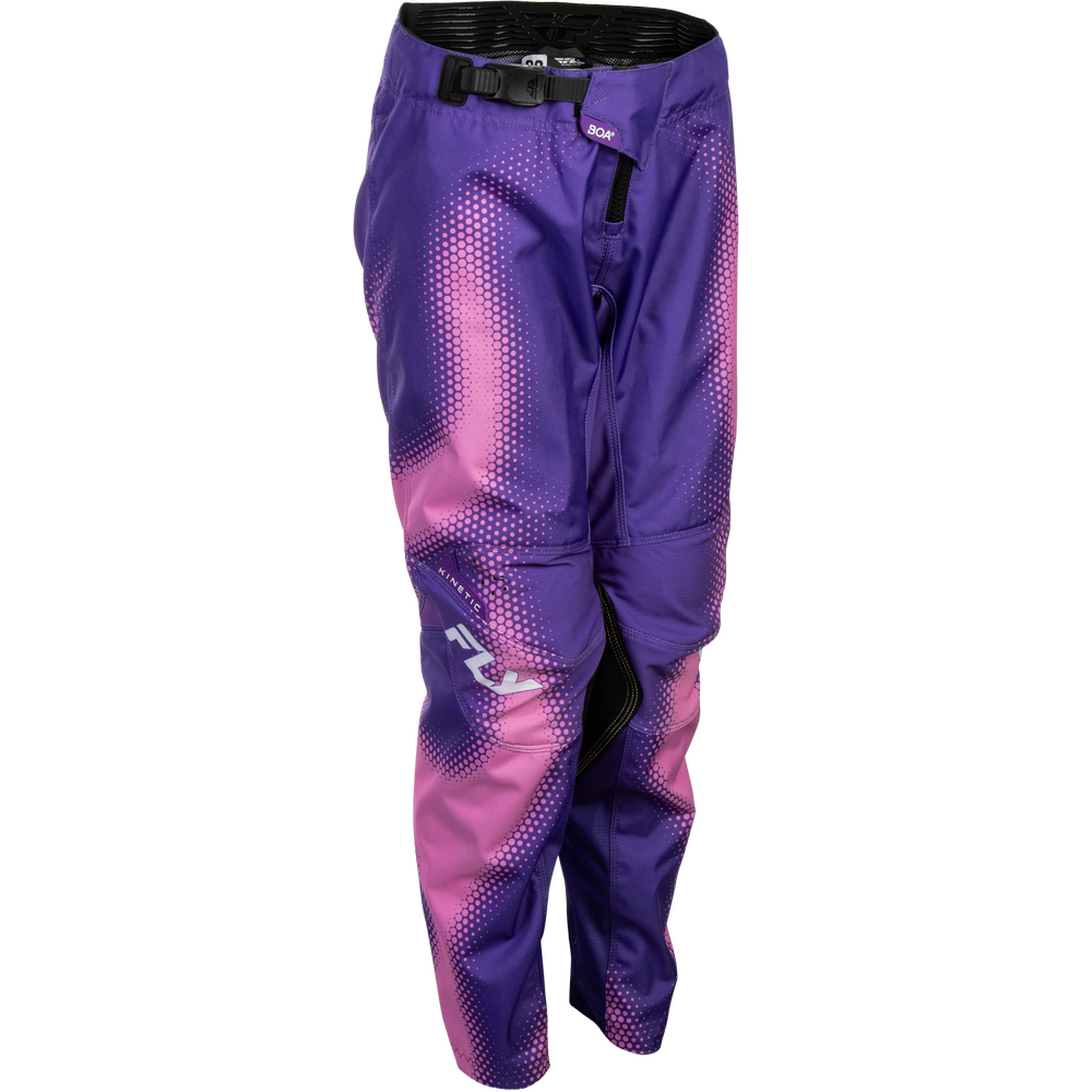Purple and pink gradient motocross pants with a dotted pattern and a white Fly Racing logo on the lower left leg, shown against a plain white background.