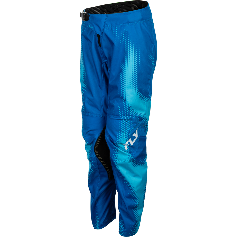 Blue motocross pants with a gradient pattern from bright blue to cyan, featuring a white 'FLY' logo on the lower left leg and black knee padding, shown on a plain white background.