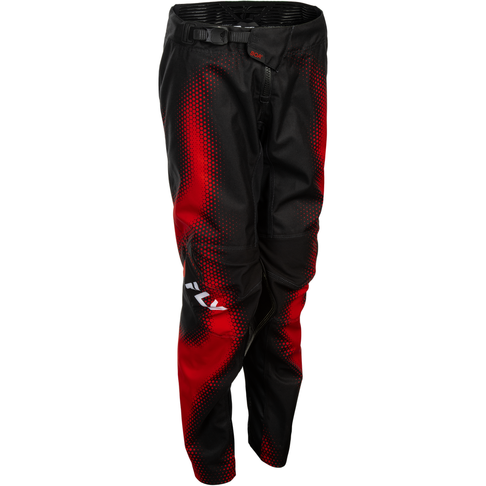 Black and red motocross pants with a red-to-black gradient pattern and a white logo on the lower left leg, shown against a plain white background.