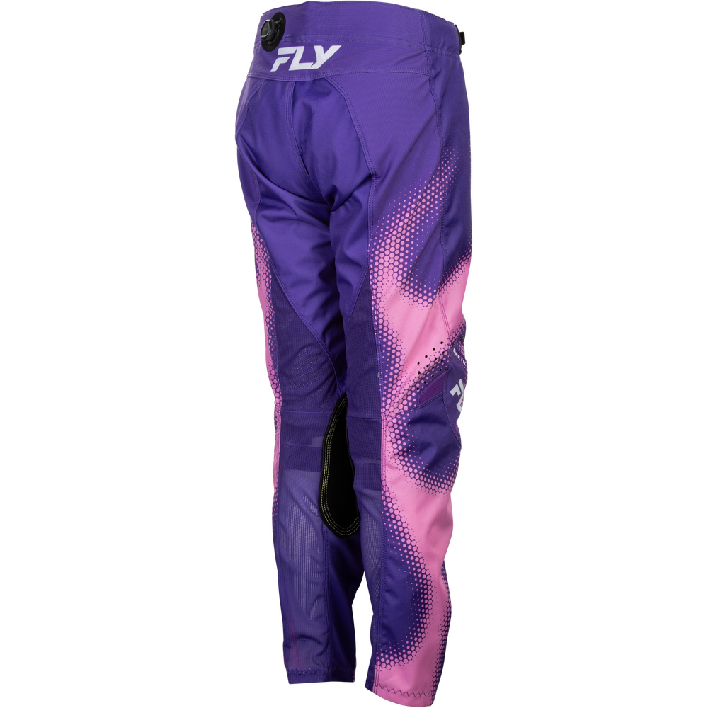 Purple and pink motocross pants with a gradient pattern and a white FLY logo on the back waist, shown against a plain white background.