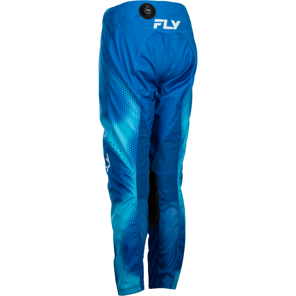 Blue motocross pants with a gradient pattern and white FLY logo on the back waist, shown against a plain white background.