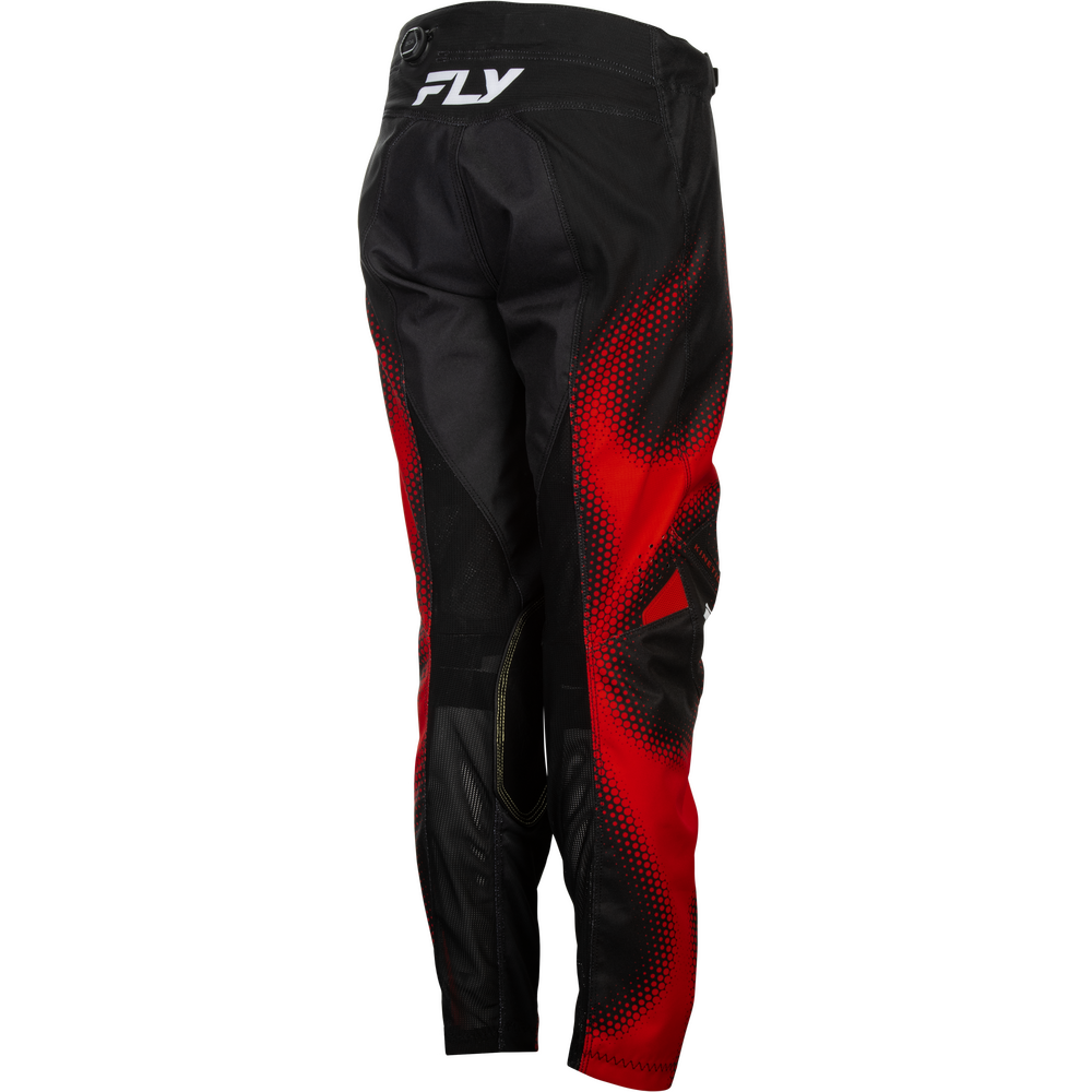 Black motocross pants with a red and black gradient pattern on the sides and a white FLY logo on the back waistband, shown against a plain white background.