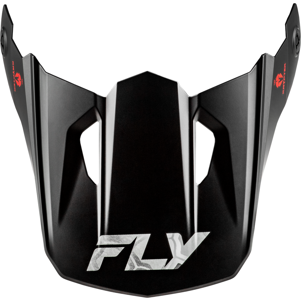 A black motocross or off-road helmet visor with a matte finish, featuring a silver and black 'FLY' logo on the lower center and small red brand logos on the upper corners.
