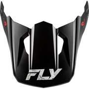 A black motocross or off-road helmet visor with a matte finish, featuring a silver and black 'FLY' logo on the lower center and small red brand logos on the upper corners.