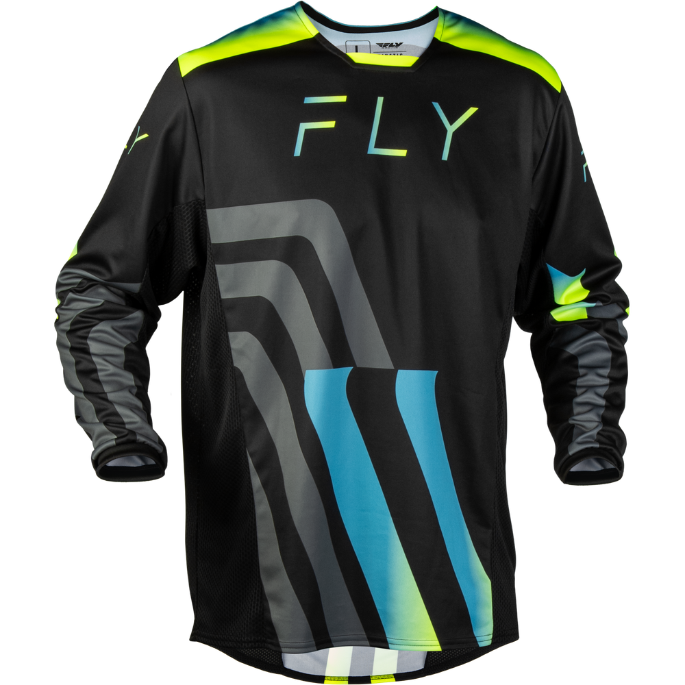 A black long-sleeve motocross jersey with a vibrant graphic design. The jersey features the brand name 'FLY' printed across the chest in a gradient of green, blue, and yellow.