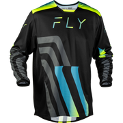 A black long-sleeve motocross jersey with a vibrant graphic design. The jersey features the brand name 'FLY' printed across the chest in a gradient of green, blue, and yellow.