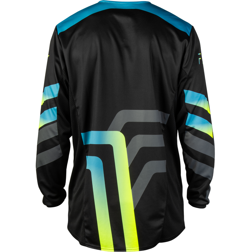 Black long-sleeve athletic jersey shown from the back, featuring a large neon yellow-to-blue gradient 'T' graphic on the lower back, gray geometric stripes, and blue-to-yellow gradient stripes on the sleeves.