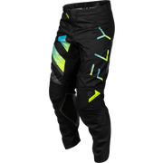 Black motocross pants with neon yellow, green, and blue geometric graphics, shown on a white background.