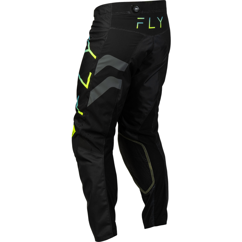 Black motocross pants with neon yellow-green and gray graphic accents, featuring the brand name 'FLY' on the upper thigh, shown against a plain white background.