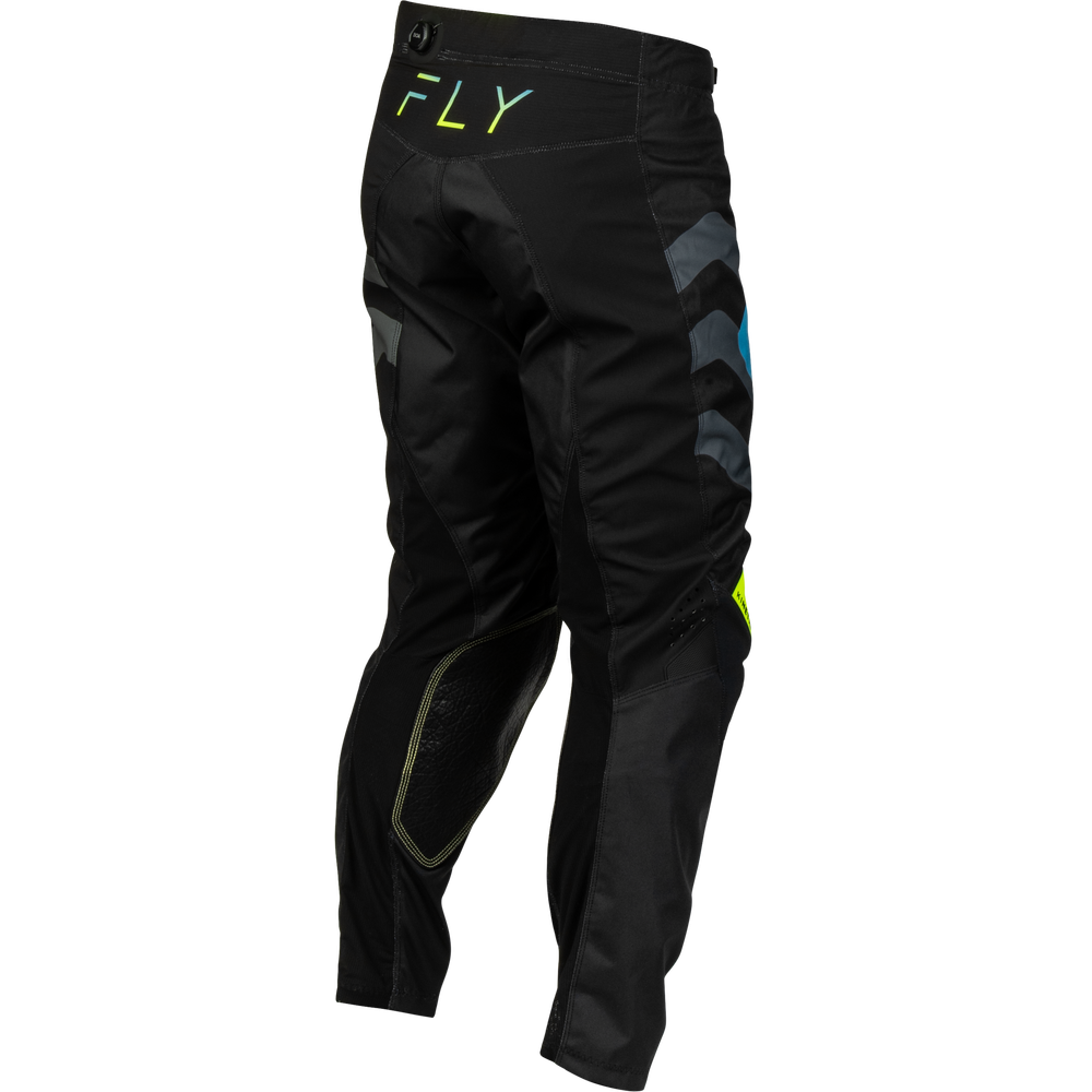 Black motocross pants with gray chevron accents, a lime green 'FLY' logo on the waistband, and a small blue accent on the side, shown on a white background.