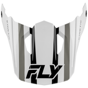 A white motocross or off-road helmet visor with black and gray vertical stripes and the 'FLY' logo printed in black at the bottom center. The word 'KINETIC' is printed vertically on both side panels.