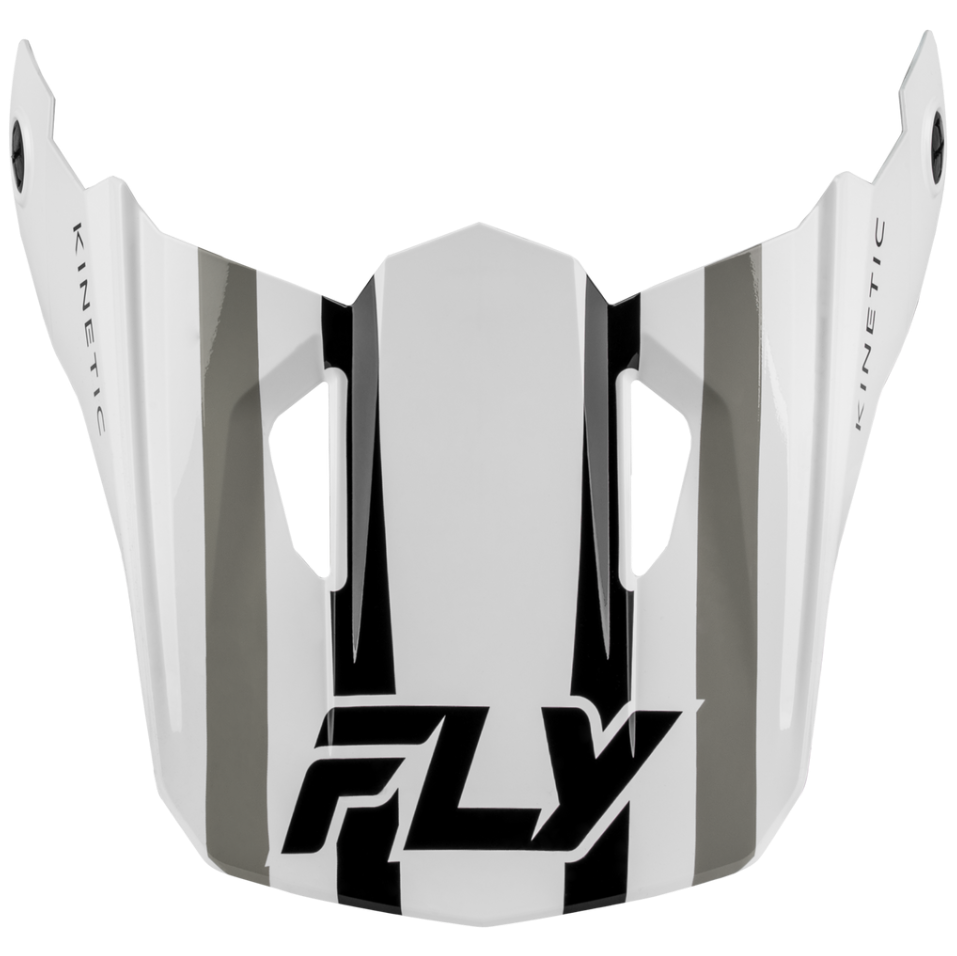 A white motocross or off-road helmet visor with black and gray vertical stripes and the 'FLY' logo printed in black at the bottom center. The word 'KINETIC' is printed vertically on both side panels.