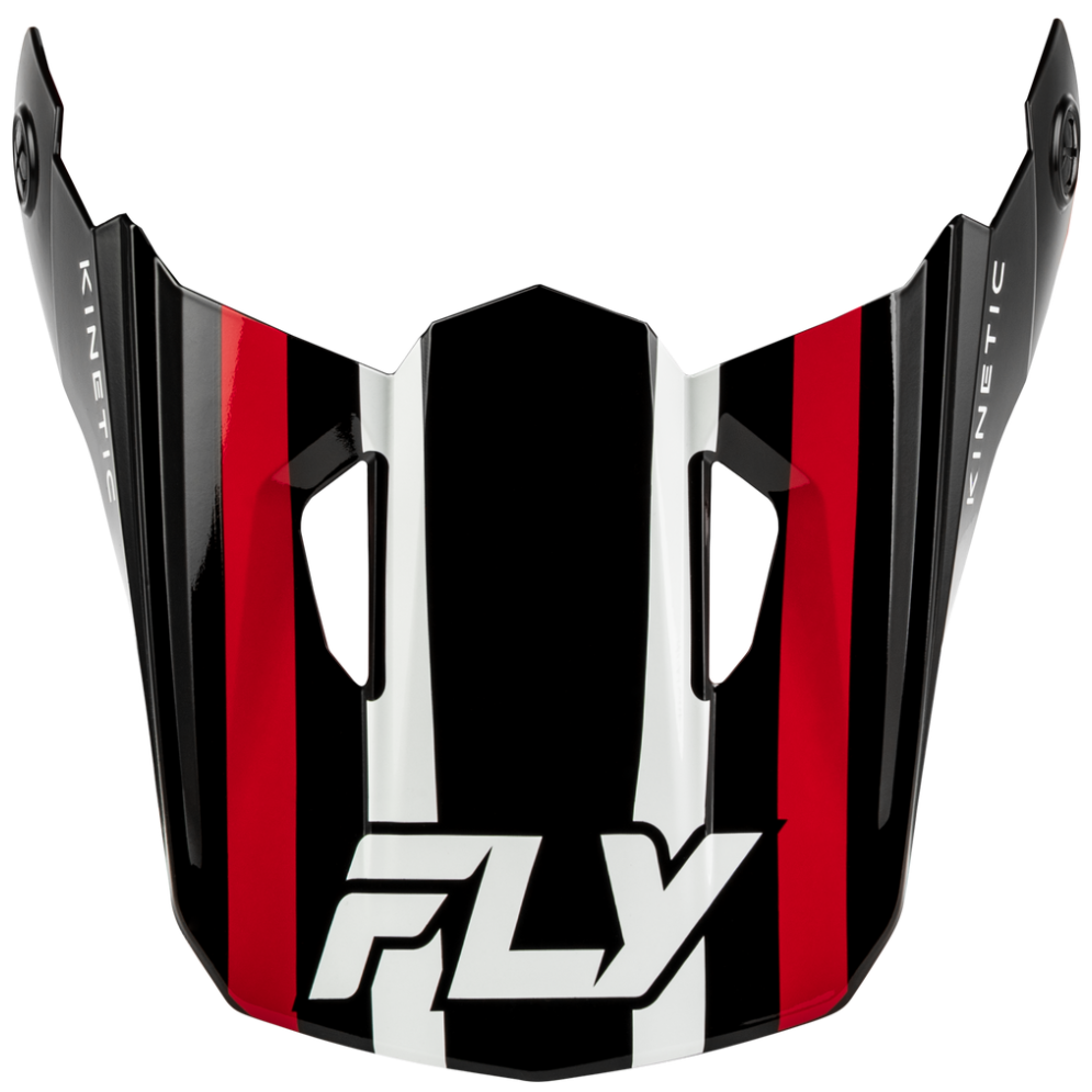 A glossy black motocross or off-road visor with red and white vertical stripes and a large white 'FLY' logo at the bottom, shown on a plain white background.
