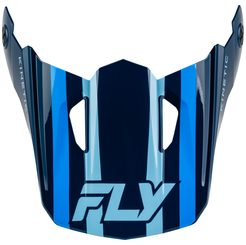 A glossy blue and black protective face shield with vertical stripes and the 'FLY' logo printed in light blue at the bottom, shown on a plain white background.