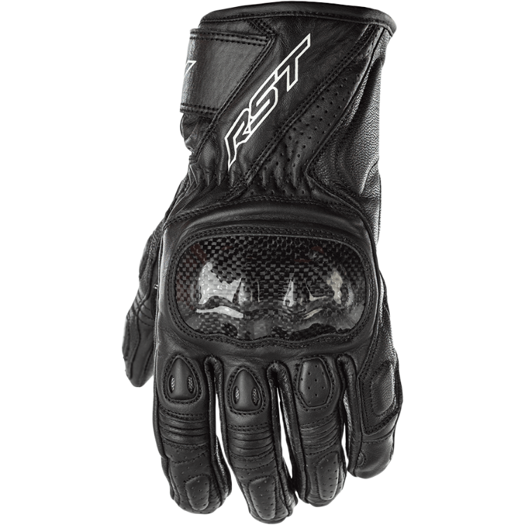 Black motorcycle glove with RST branding on a white background