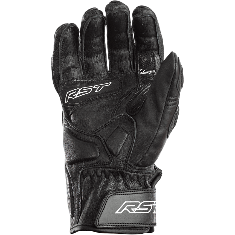 Black motorcycle glove with RST branding on a white background