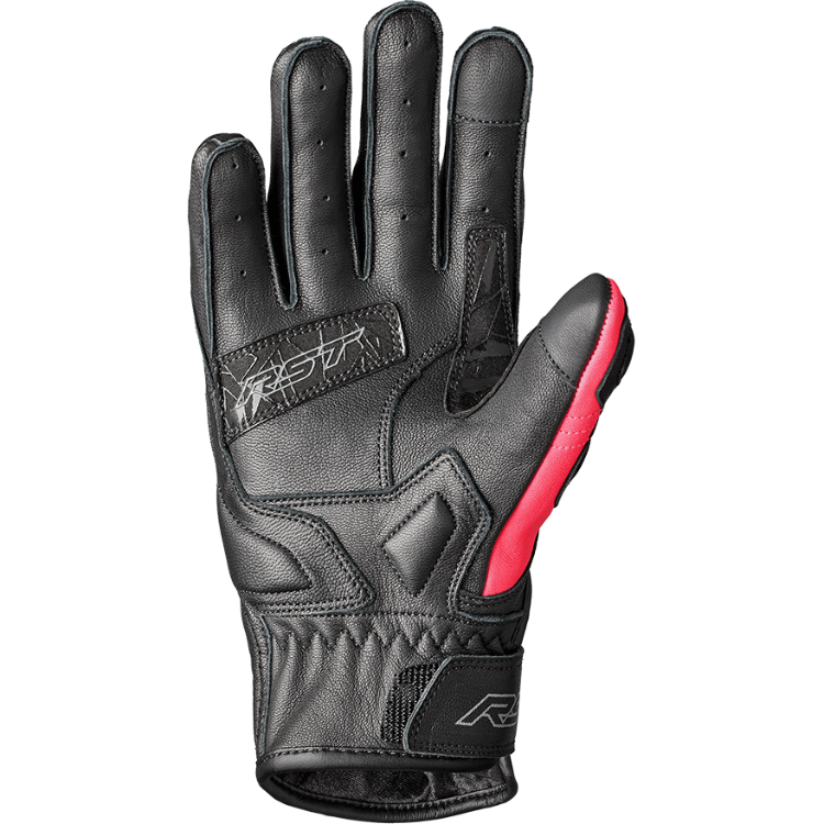 Black motorcycle glove with red accents on a white background