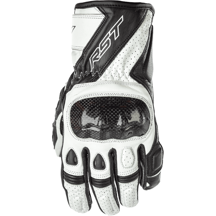 White motorcycle glove with black accents and RST branding on a white background