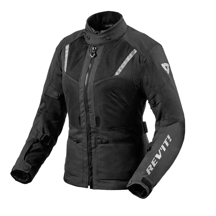 A black motorcycle jacket with reflective silver-gray panels and white 'REV'IT!' branding on the left sleeve, displayed on a light gray background.