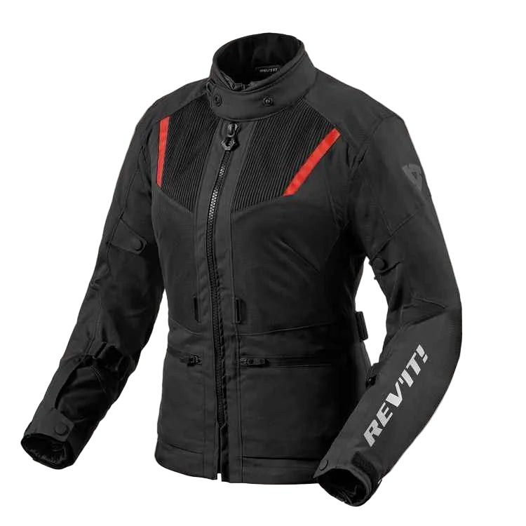 Black motorcycle jacket with red accents and REV'IT! branding on a white background