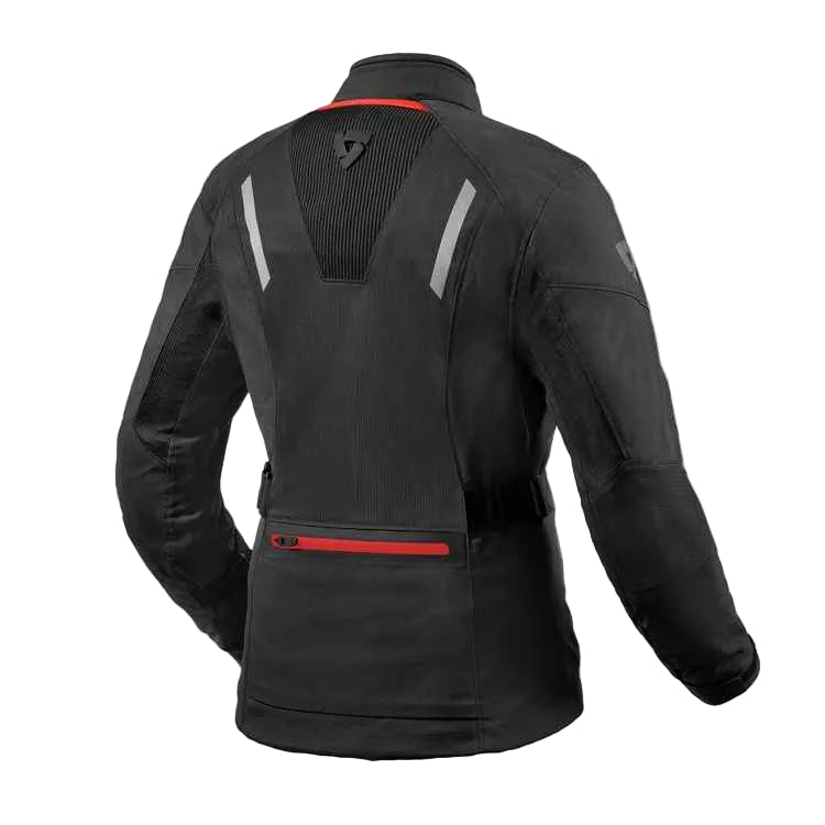 Black motorcycle jacket shown from the back, featuring gray reflective stripes, a red accent line near the collar and lower back, and a zippered rear pocket.